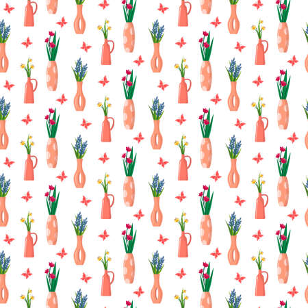 Pattern with clay ceramic vases, flowers and butterflies.のイラスト素材