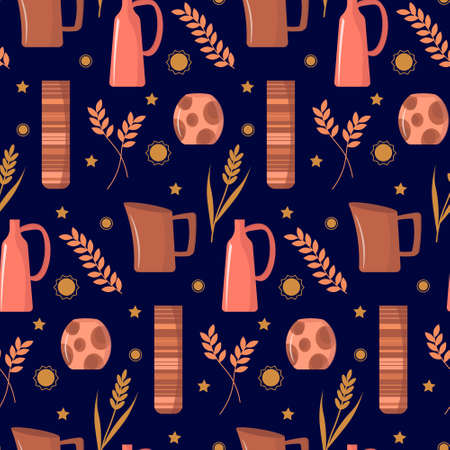 Pattern pottery handmade vases on a dark background.のイラスト素材