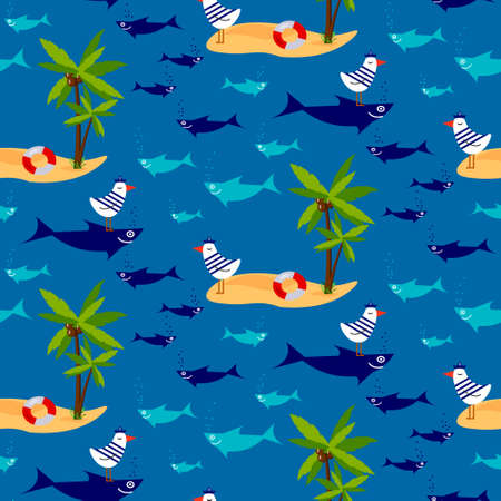 Sea pattern - a seagull on an island with a palm tree.のイラスト素材