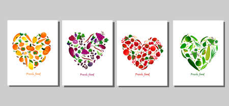 Set of cards with fresh fruits and vegetables. Fresh colorful food.のイラスト素材