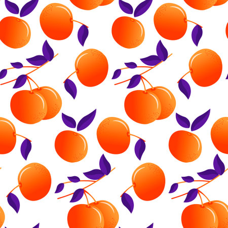 Pattern with oranges. Orange fruits and lilac leaves.のイラスト素材