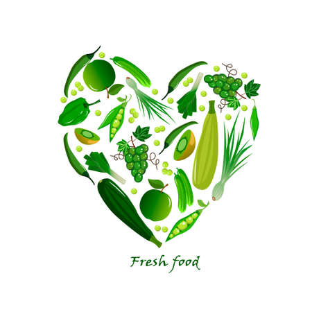 Card with fresh fruits and vegetables - peppers and cucumber, green peas and onions, apples and grapes.のイラスト素材