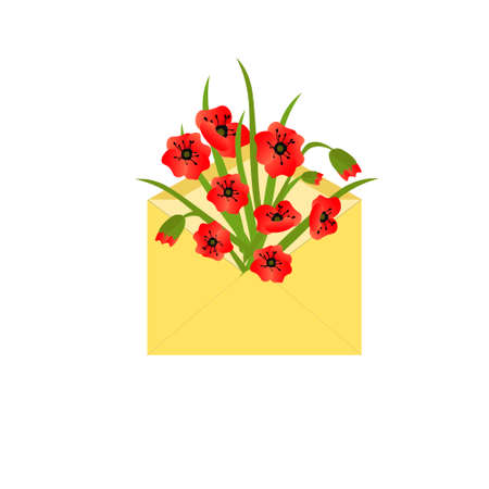 Red poppies in a yellow envelope. A bouquet of bright flowers.のイラスト素材