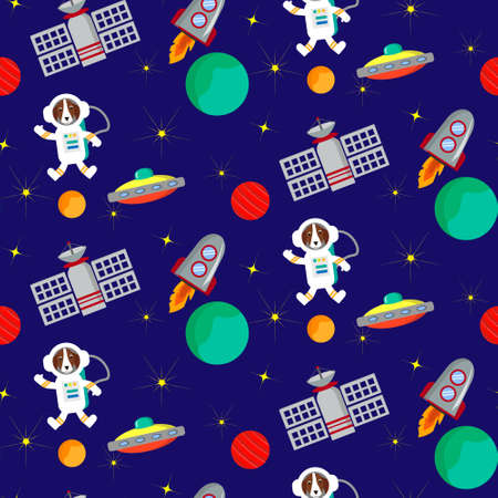 Pattern with astronauts, space dish, planets and stars. The cat and the dog are cosmonauts.のイラスト素材