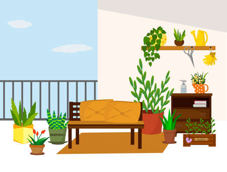 Home garden on the balcony with flowers and seedling boxes.のイラスト素材