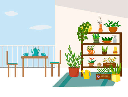 Garden on the balcony. Tea table, rack with flowers and seedling boxes.のイラスト素材