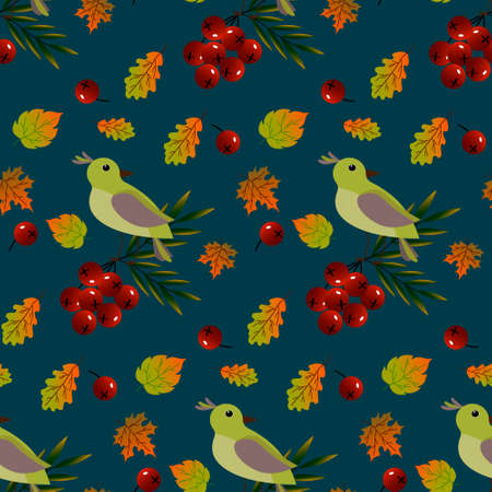 Seamless pattern with birds, red berries and autumn leaves.のイラスト素材