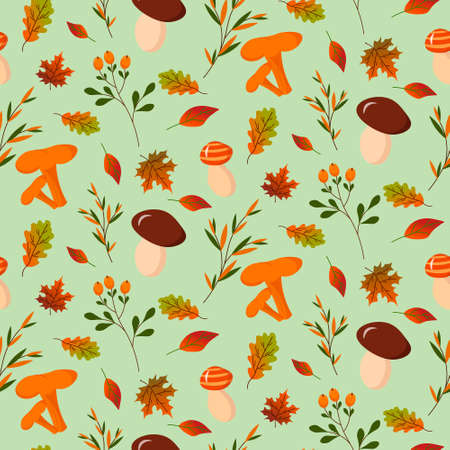 Seamless pattern with forest mushrooms and autumn leaves.のイラスト素材