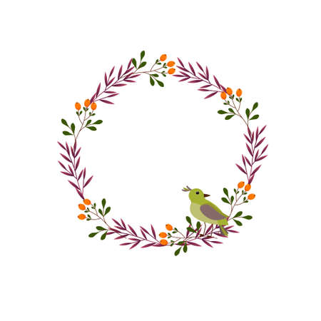 Oval frame with a bird, leaves and orange berries. Nature illustration.のイラスト素材