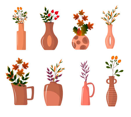 Set of vases with autumn leaves. Clay decorative vases for the interior.のイラスト素材