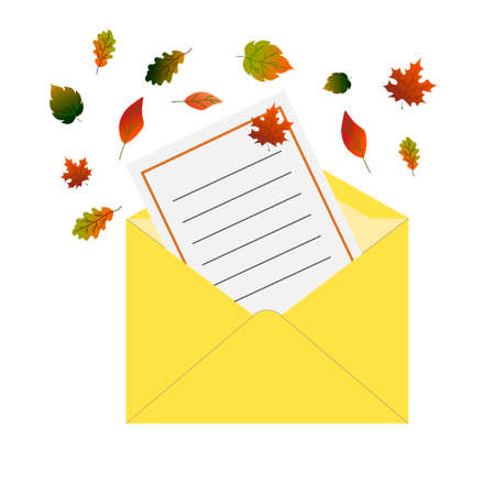 Yellow mail envelope. Letter with autumn leaves design.のイラスト素材