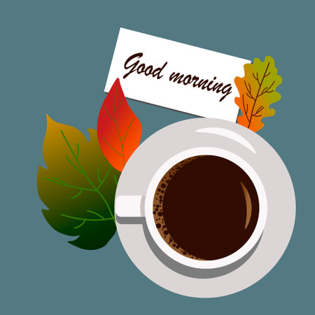 Cup with autumn leaves and wish good morning. View from above.のイラスト素材