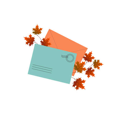 Mail envelopes with a branch of maple leaves. Vector illustration.のイラスト素材