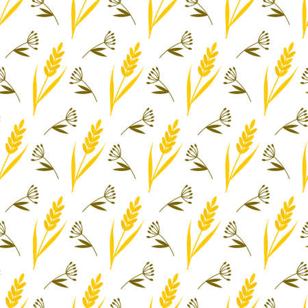 Pattern with meadow grass and yellow ears. Vector illustration isolated on white backgroundのイラスト素材