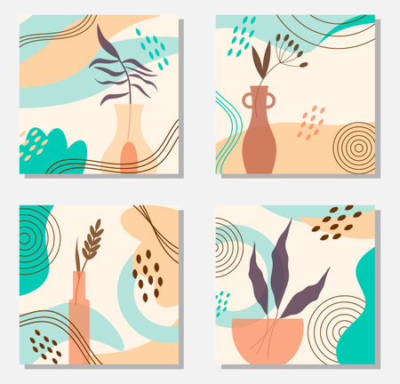 A set of square cards with an abstract pattern of spots. Vases with plants.のイラスト素材