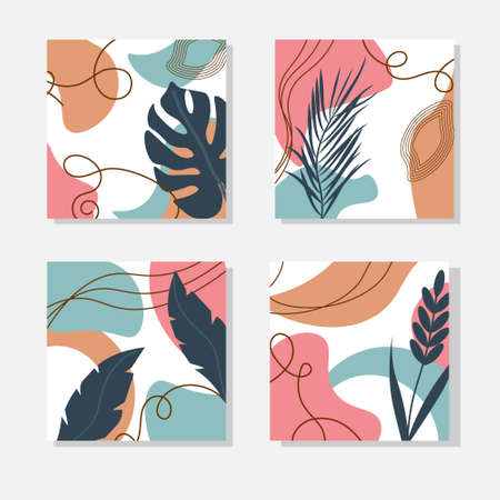 A set of cards with an abstract pattern of spots and leaves.のイラスト素材