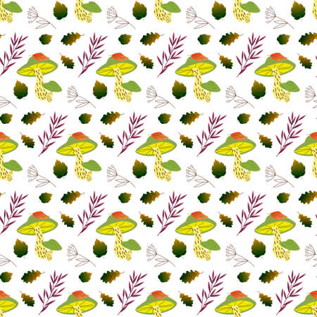 Pattern with mushrooms, leaves and meadow herbs.のイラスト素材