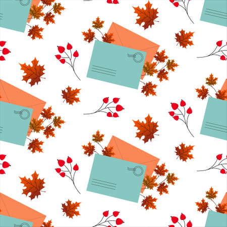 Pattern with postal envelopes and autumn leaves. Vector illustration.のイラスト素材