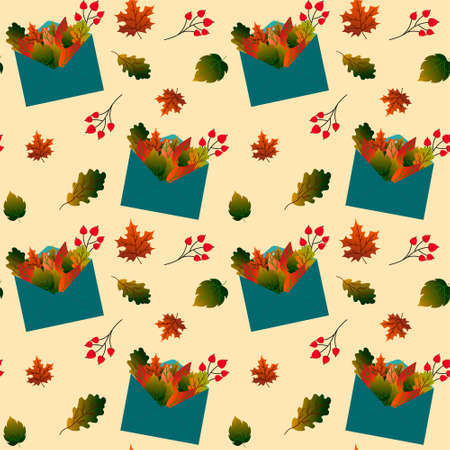 A pack of postal envelopes, berries and acorns and autumn leaves.のイラスト素材