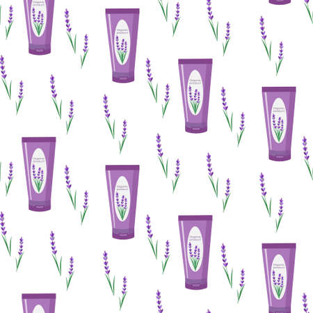 Pattern with lavender and a tube of cream. Natural organic cosmetics for care.のイラスト素材