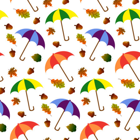 Pattern with umbrellas, autumn leaves and acorns.のイラスト素材