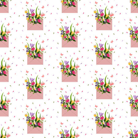 Pattern with pink mail envelope and flowers. Illustration with a bouquet and butterflies.のイラスト素材