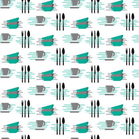 Pattern with cutlery, cup and bowls. Vector illustration.のイラスト素材