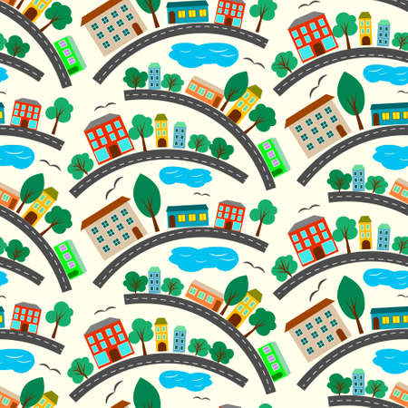 Pattern with colorful houses, lake and trees. Vector illustration for children.のイラスト素材