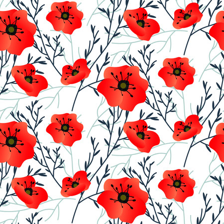 Pattern with red poppies. Vector illustration isolated on white background.のイラスト素材