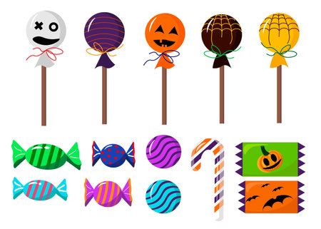 Halloween candy set. Lollipops, candy, sweet cane - attributes for the holiday.のイラスト素材