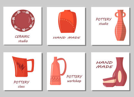 A set of cards for the pottery workshop. Images of various handmade items - vases, plates, jug and bowls.のイラスト素材