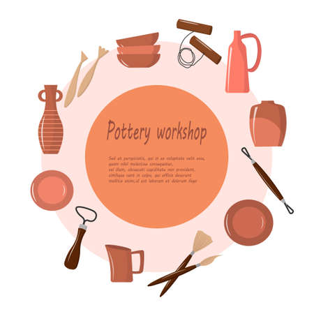 Poster for a pottery workshop - tools, vases, plates and jugs. Vector illustration on with text.のイラスト素材