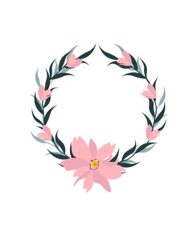 Wreath with pink flowers and leaves. Card template with place for text. Vector illustration.のイラスト素材