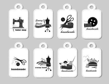 Scissors and buttons, a centimeter and a mannequin, hangers and a sewing machine.のイラスト素材