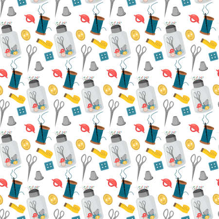 Pattern with sewing tools - buttons, needles and centimeter, thimble. Vector illustration isolated on white background.のイラスト素材