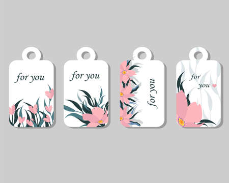 Set of labels with pink flowers and leaves. Vector illustration with place for text.のイラスト素材