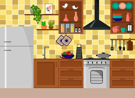 Kitchen interior with refrigerator, stove and items for cooking. Wooden cabinet fronts with modern design.のイラスト素材