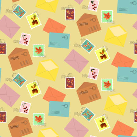 Postage envelopes and stamps with autumn leaves. Seamless pattern on a beige background.のイラスト素材