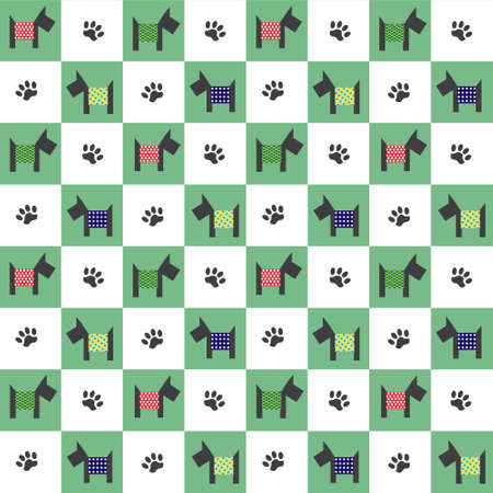 Pattern with dogs in patchwork style. Spitz, colored squares and animal footprints.のイラスト素材