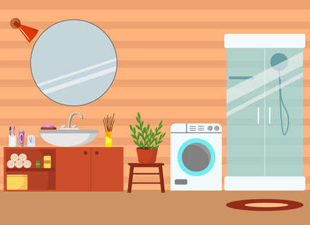 Bathroom interior illustration. Bath with shower, sink, washing accessories, mirror.のイラスト素材