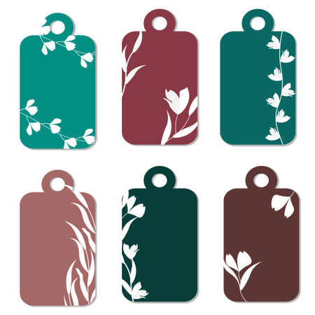 Tags with outline floral design. White flowers on a colored background.のイラスト素材