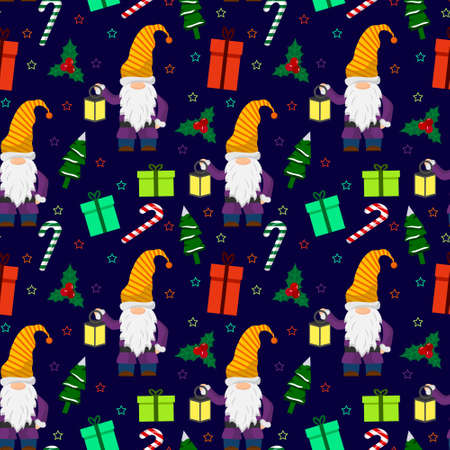 Christmas pattern with little gnomes. A flashlight, a sweet cane, a Christmas tree and gifts are the attributes of the holiday.のイラスト素材