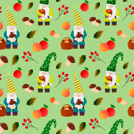Forest little gnomes with apples and mushrooms. Seamless pattern.のイラスト素材