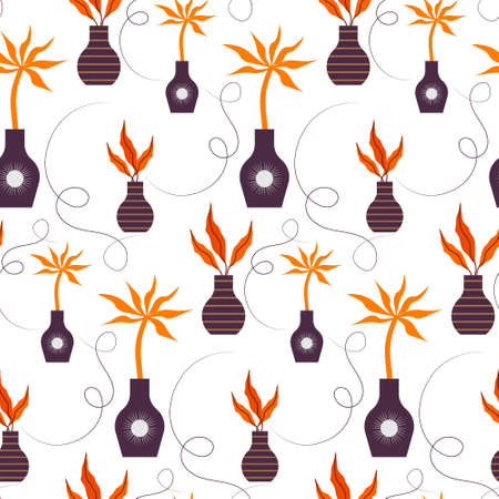 Pattern with vases and orange leaves. Vector illustration.のイラスト素材