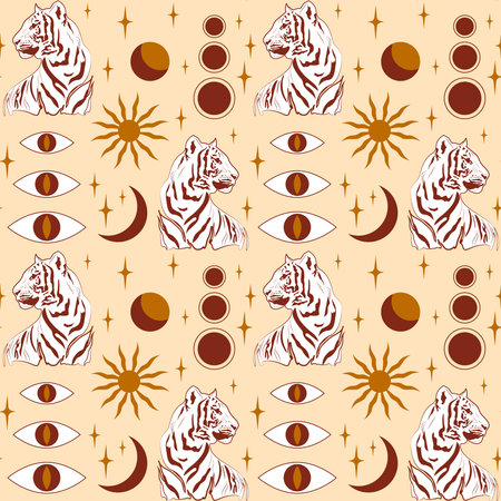 Pattern with the head of a Chinese tiger, sun and moon, esoteric symbols.のイラスト素材