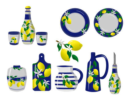 A set of ceramic dishes - plates, jugs, a vase and cutting board, glasses and an oil can. Italian pattern with yellow lemons.のイラスト素材