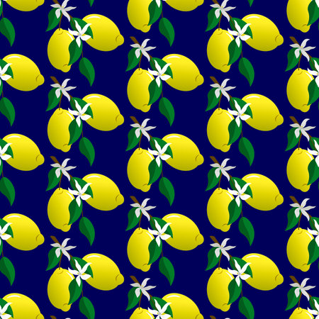 Pattern with yellow lemons and flowers on a blue background.のイラスト素材