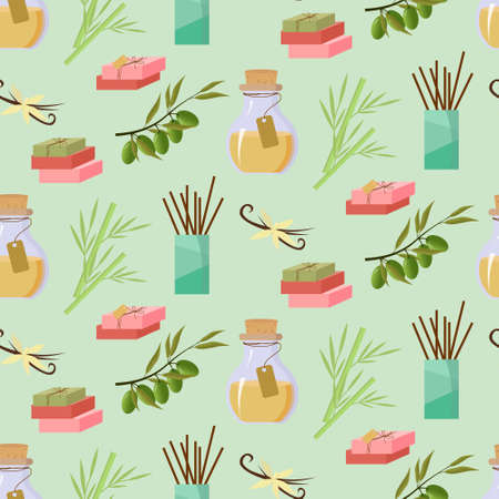 Cosmetics for spa treatments - natural soap, vanilla and oil, olive and diffuser. Seamless pattern.のイラスト素材
