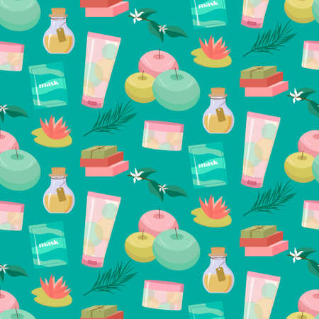 Pattern with cometic spa treatments. Cream, face mask and natural soap, lotus and aromatic candles.のイラスト素材