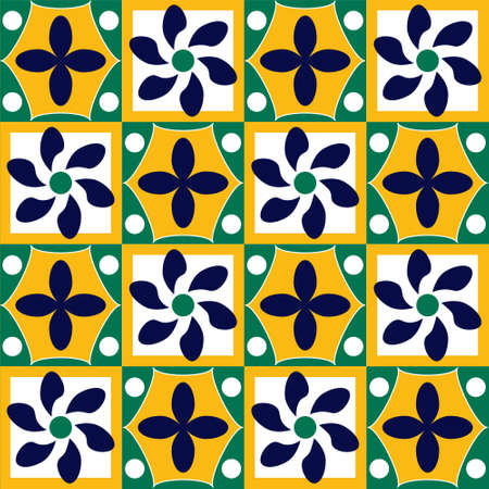 Mexican motif. Square tiles with colored geometric patterns in yellow,のイラスト素材